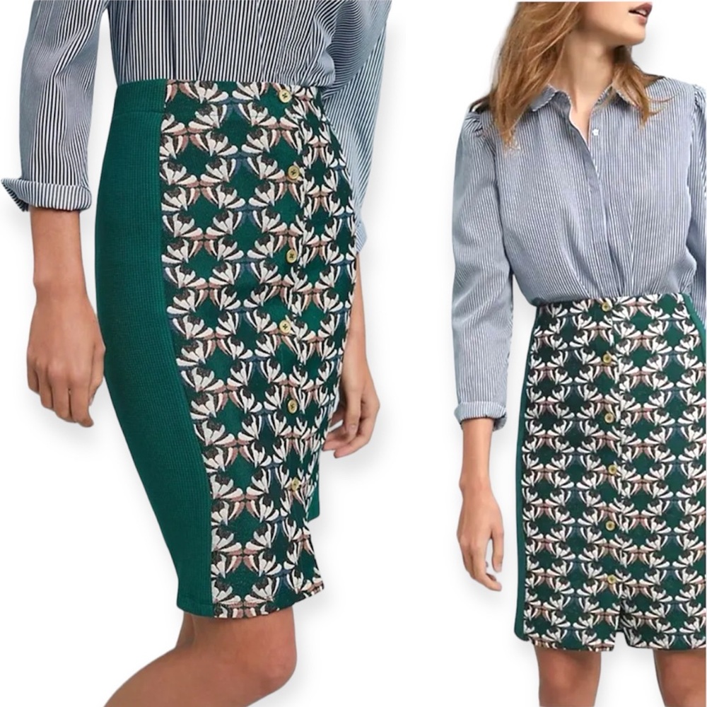 Anthropologie Dolan Embroidered Blue Pink Green Metallic pencil Skirt NWOT